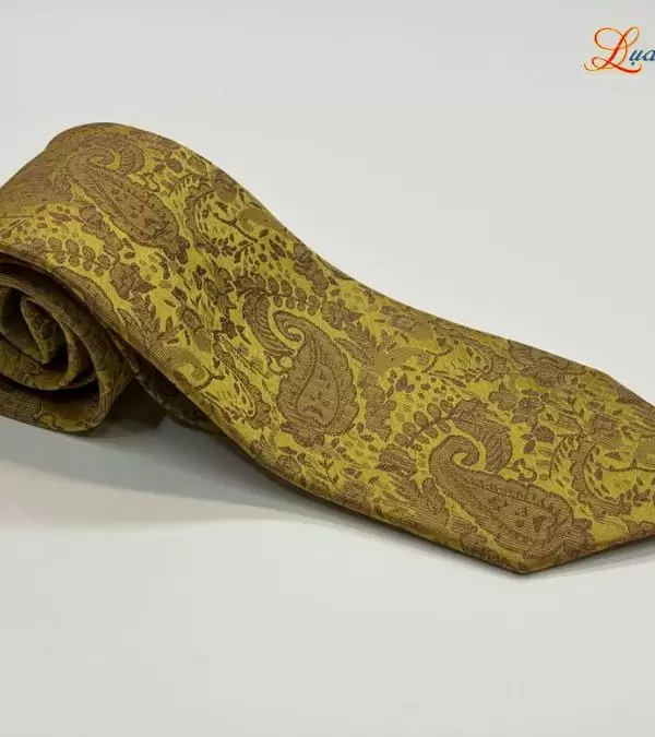 Cà vạt lụa tơ tằm họa tiết đuôi công vàng
