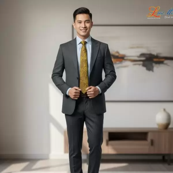 Cà vạt lụa tơ tằm họa tiết đuôi công vàng