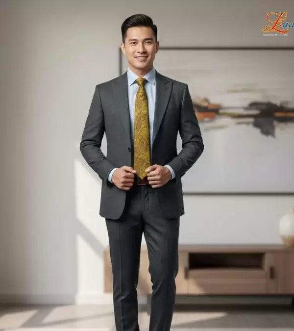 Cà vạt lụa tơ tằm họa tiết đuôi công vàng