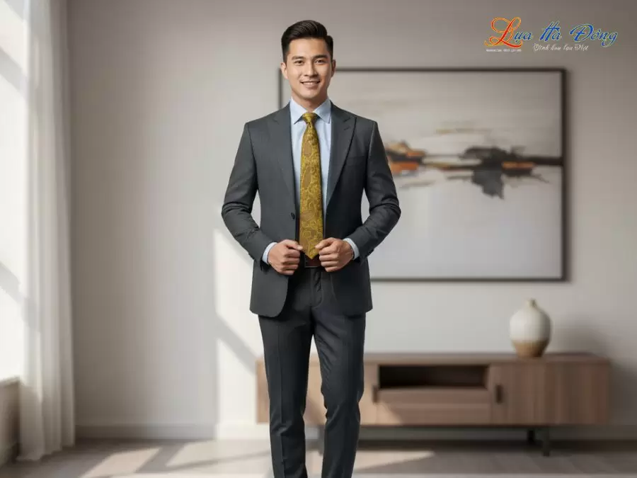 Cà vạt lụa tơ tằm họa tiết đuôi công vàng