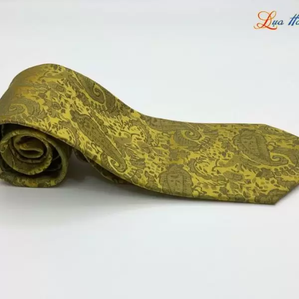 Cà vạt lụa tơ tằm họa tiết đuôi công vàng