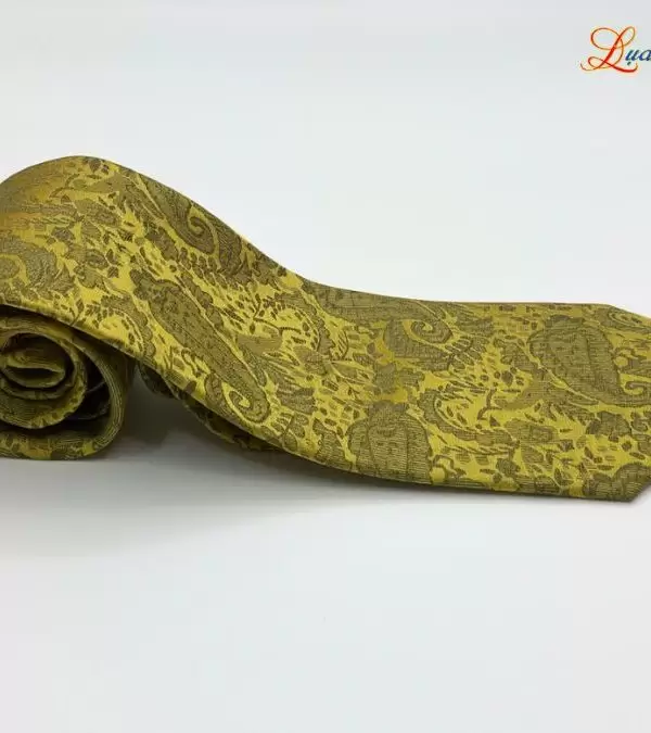 Cà vạt lụa tơ tằm họa tiết đuôi công vàng