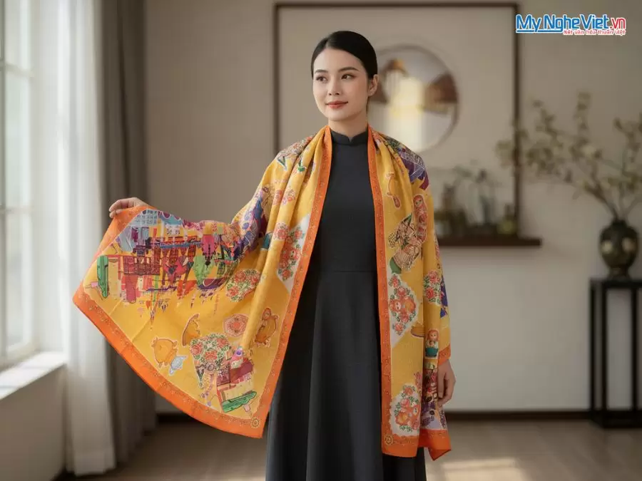 Khăn Lụa Tơ Tằm 100% Silk In Họa Tiết Nghệ Thuật