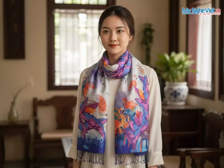 Khăn Lụa Tơ Tằm 100% Silk In Họa Tiết Nghệ Thuật