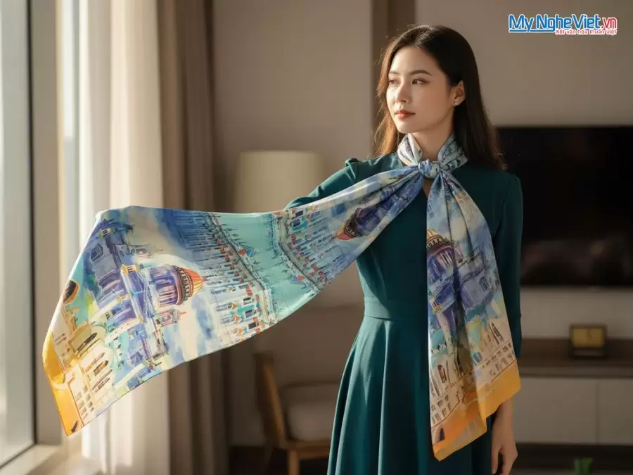 Khăn Lụa Tơ Tằm 100% Silk In Họa Tiết Nghệ Thuật