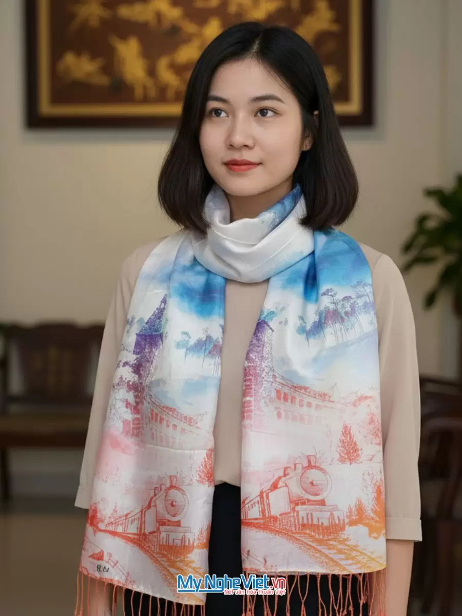 Khăn Lụa Tơ Tằm 100% Silk In Họa Tiết Nghệ Thuật – Khăn Choàng 61x185cm KLPM618-1 - Ảnh 3