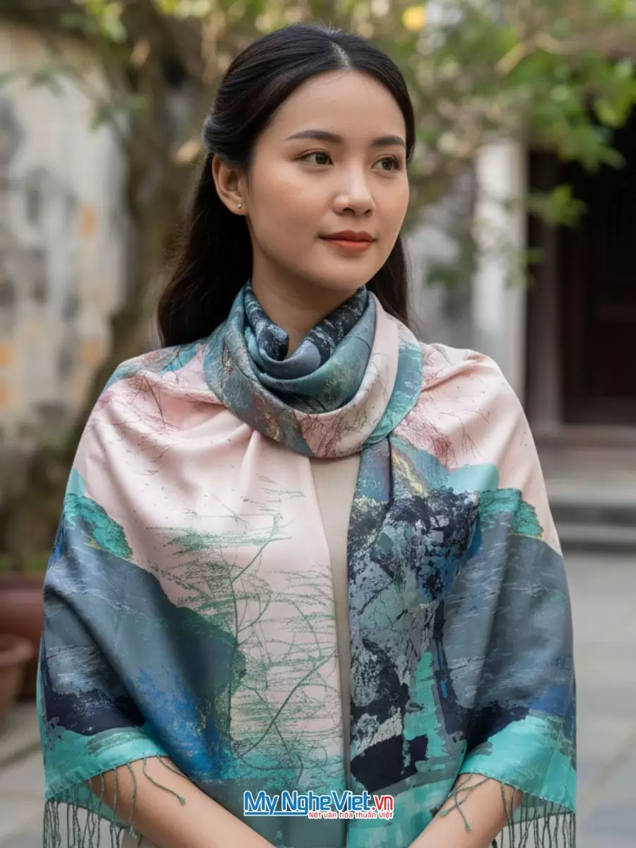 Khăn Lụa Tơ Tằm 100% Silk In Họa Tiết Nghệ Thuật – Khăn Choàng 61x185cm KLPM618-1 - Ảnh 16