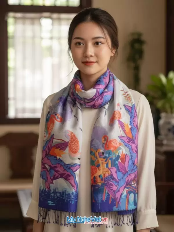 Khăn Lụa Tơ Tằm 100% Silk In Họa Tiết Nghệ Thuật – Khăn Choàng 61x185cm KLPM618-1