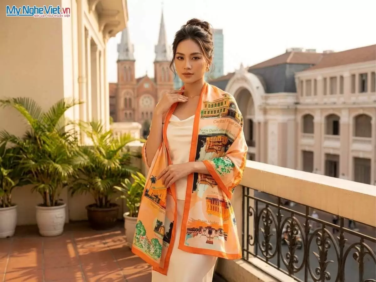 Khăn lụa tơ tằm in họa tiết nghệ thuật cao cấp