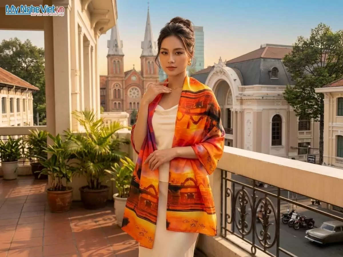 Khăn lụa tơ tằm in họa tiết nghệ thuật cao cấp