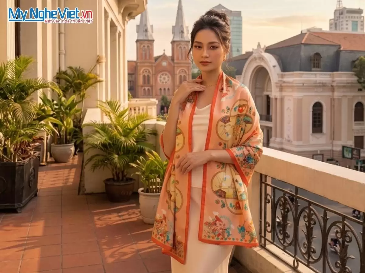 Khăn lụa tơ tằm in họa tiết nghệ thuật cao cấp