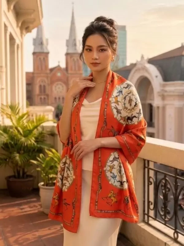 Khăn lụa tơ tằm in họa tiết nghệ thuật cao cấp