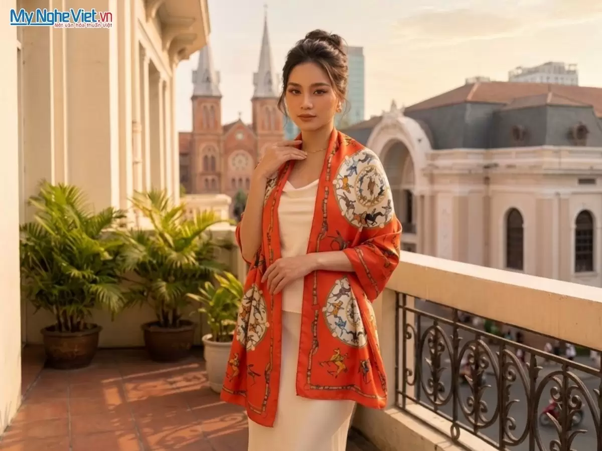 Khăn lụa tơ tằm in họa tiết nghệ thuật cao cấp