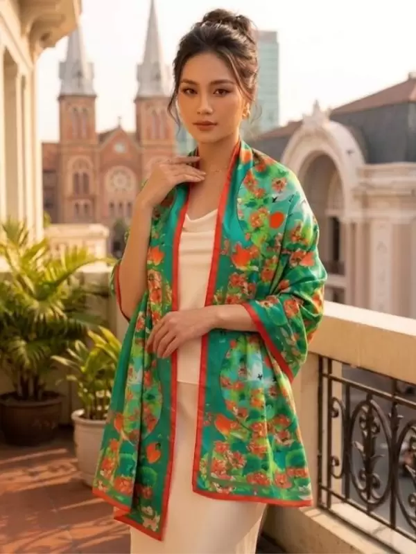 Khăn lụa tơ tằm in họa tiết nghệ thuật cao cấp