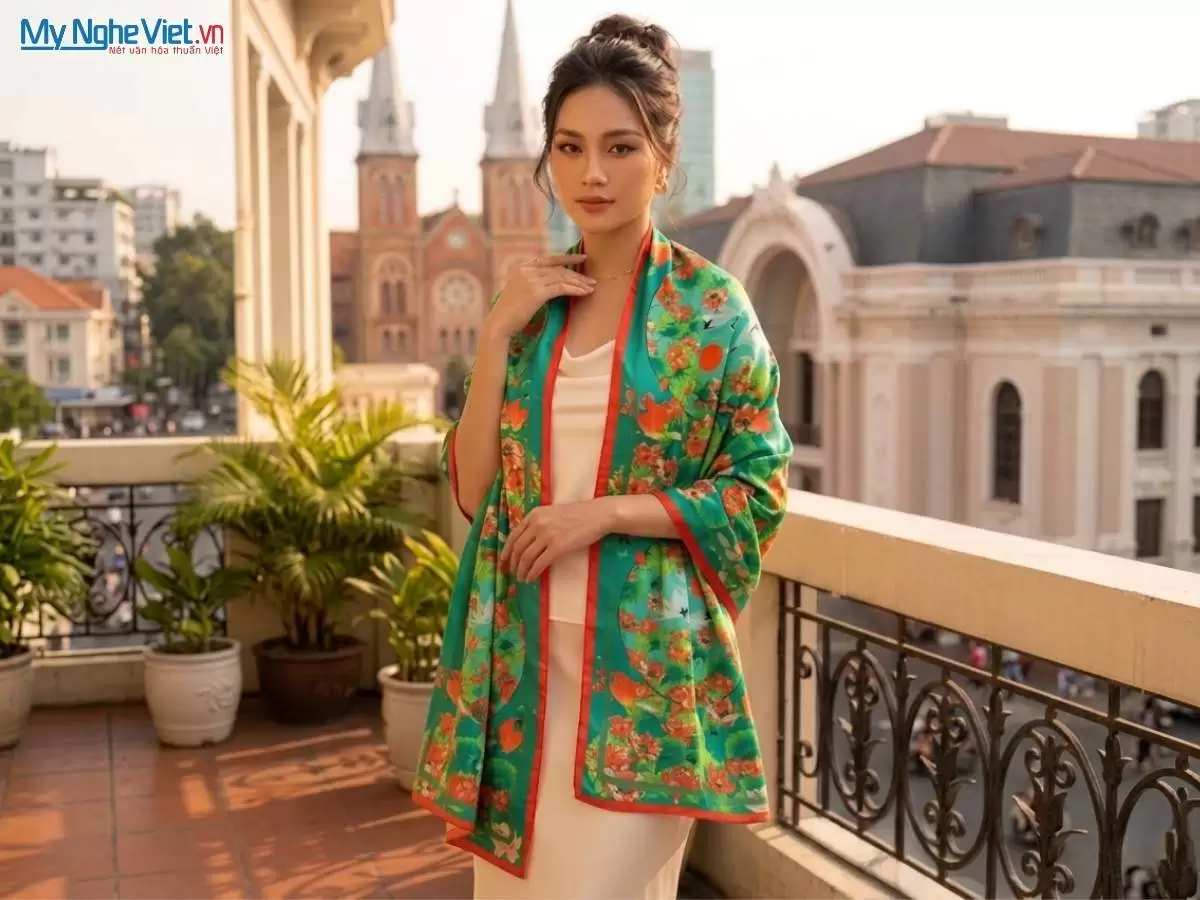 Khăn lụa tơ tằm in họa tiết nghệ thuật cao cấp