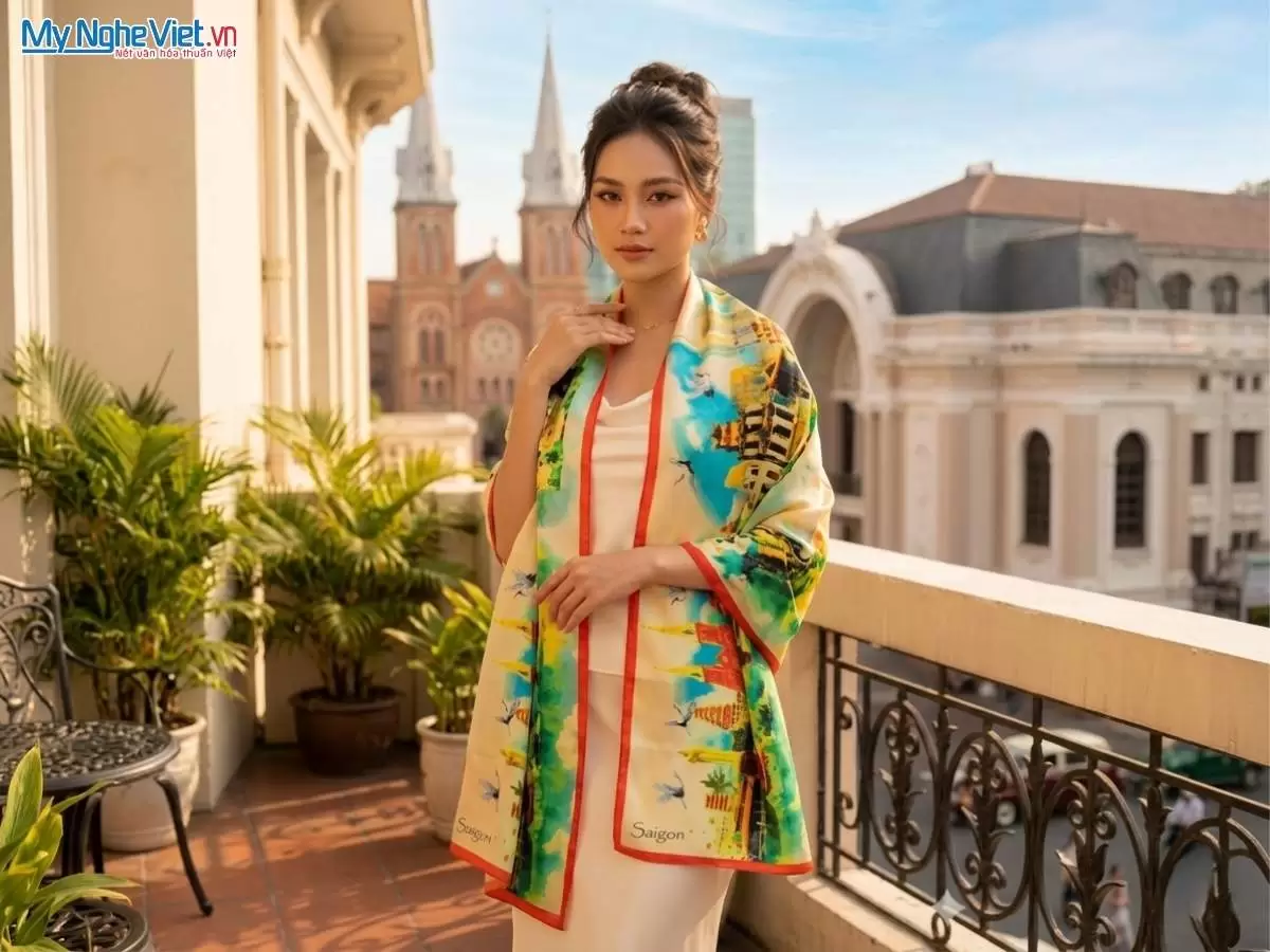 Khăn lụa tơ tằm in họa tiết nghệ thuật cao cấp