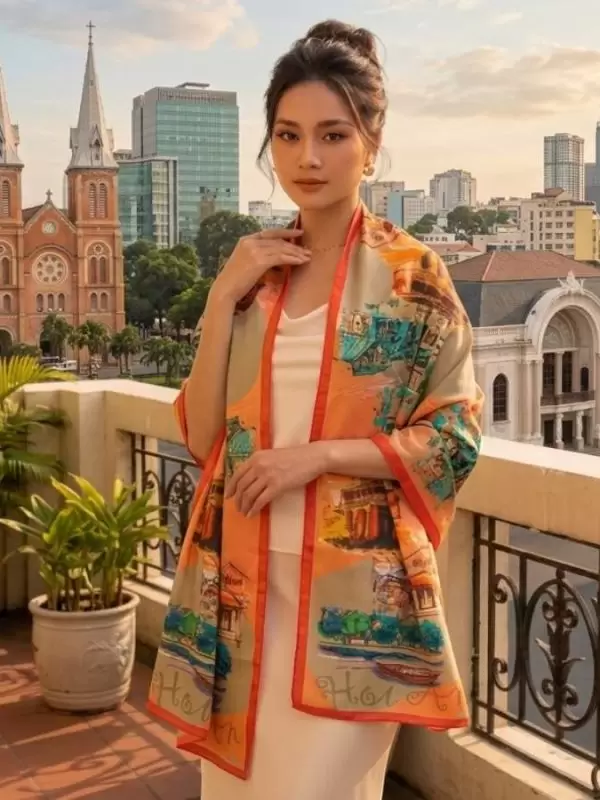 Khăn lụa tơ tằm in họa tiết nghệ thuật cao cấp