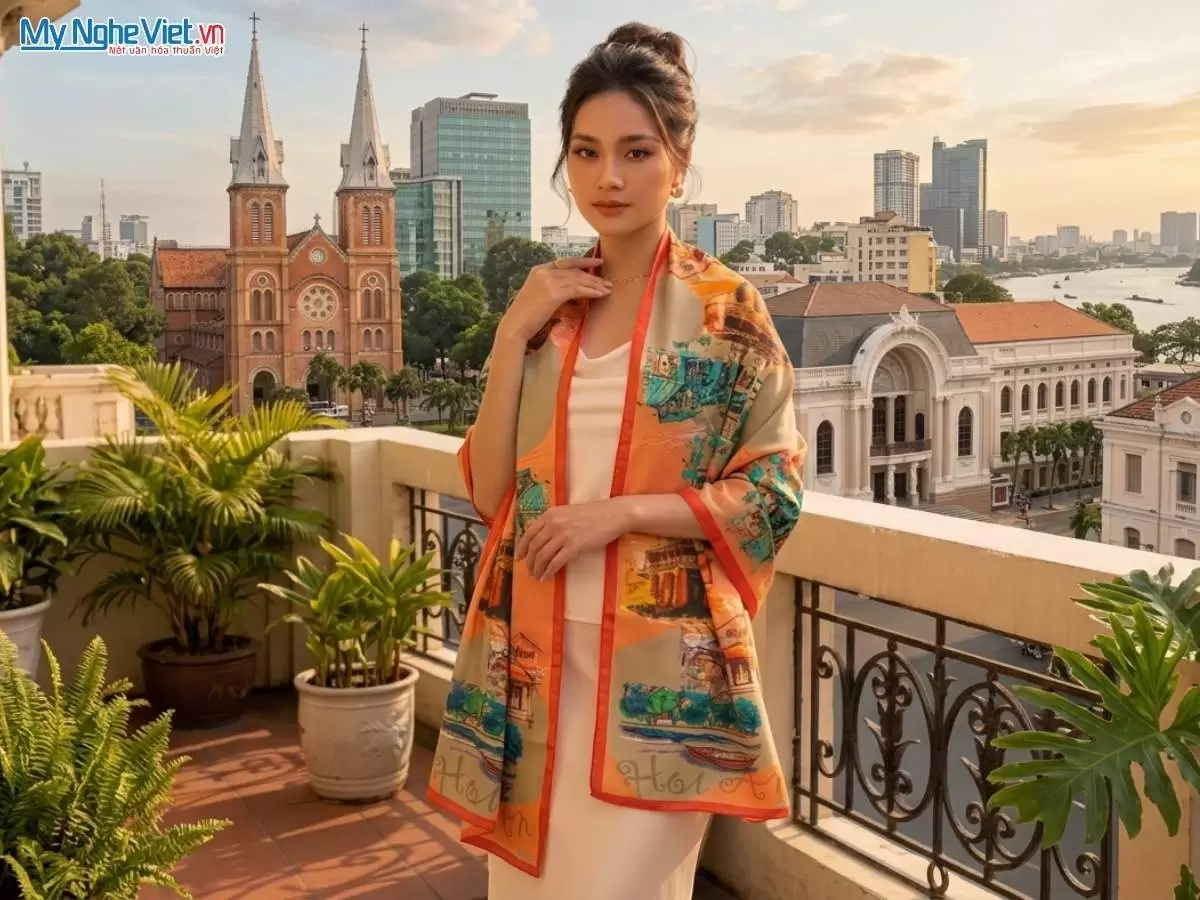 Khăn lụa tơ tằm in họa tiết nghệ thuật cao cấp