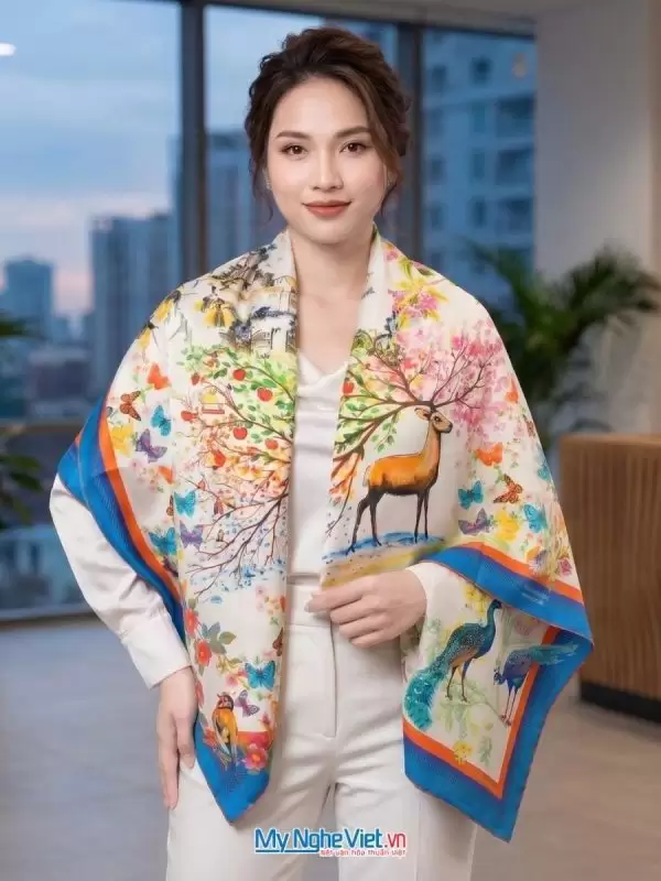 Khăn lụa tơ tằm in họa tiết nghệ thuật cao cấp