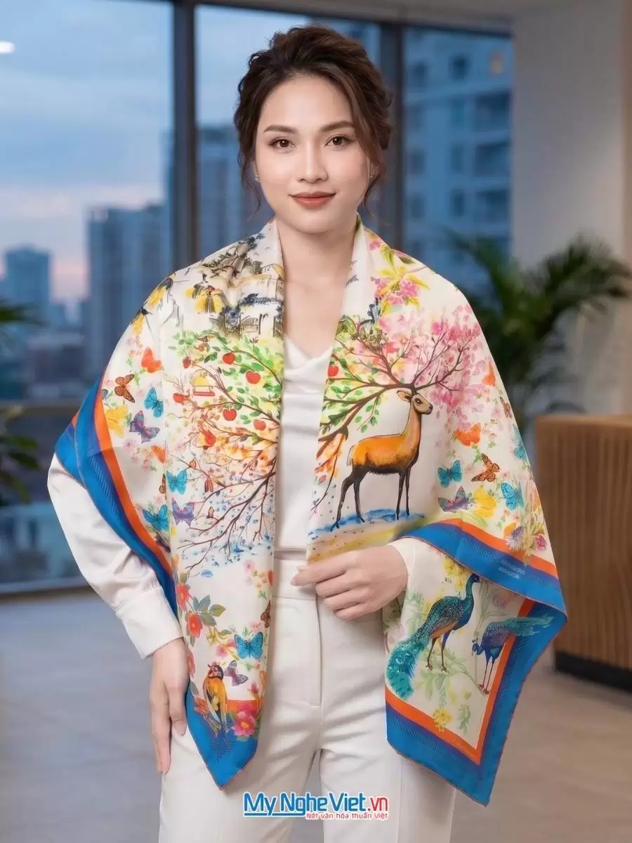 Khăn lụa tơ tằm in họa tiết nghệ thuật cao cấp