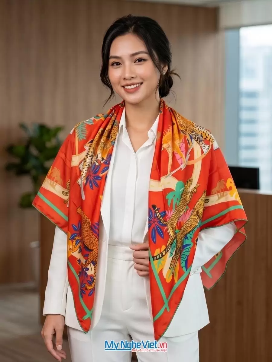 Khăn lụa tơ tằm in họa tiết nghệ thuật cao cấp