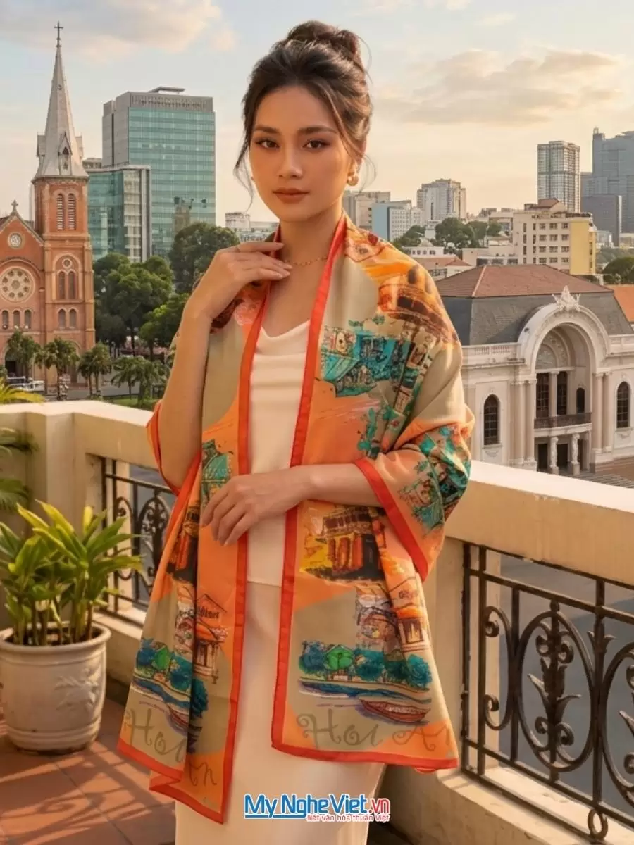 Khăn lụa tơ tằm in họa tiết nghệ thuật cao cấp