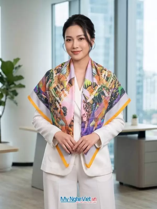 Khăn lụa tơ tằm in họa tiết nghệ thuật cao cấp