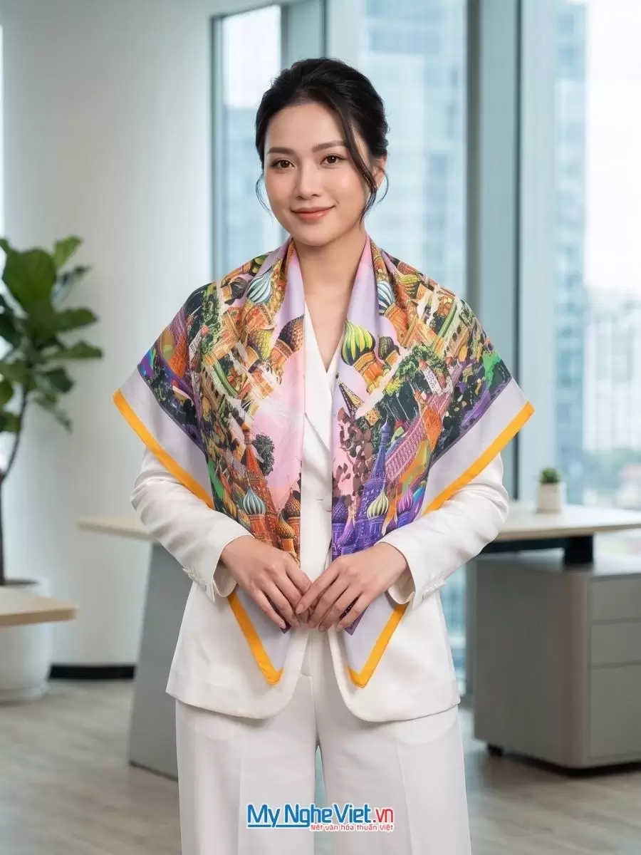 Khăn lụa tơ tằm in họa tiết nghệ thuật cao cấp