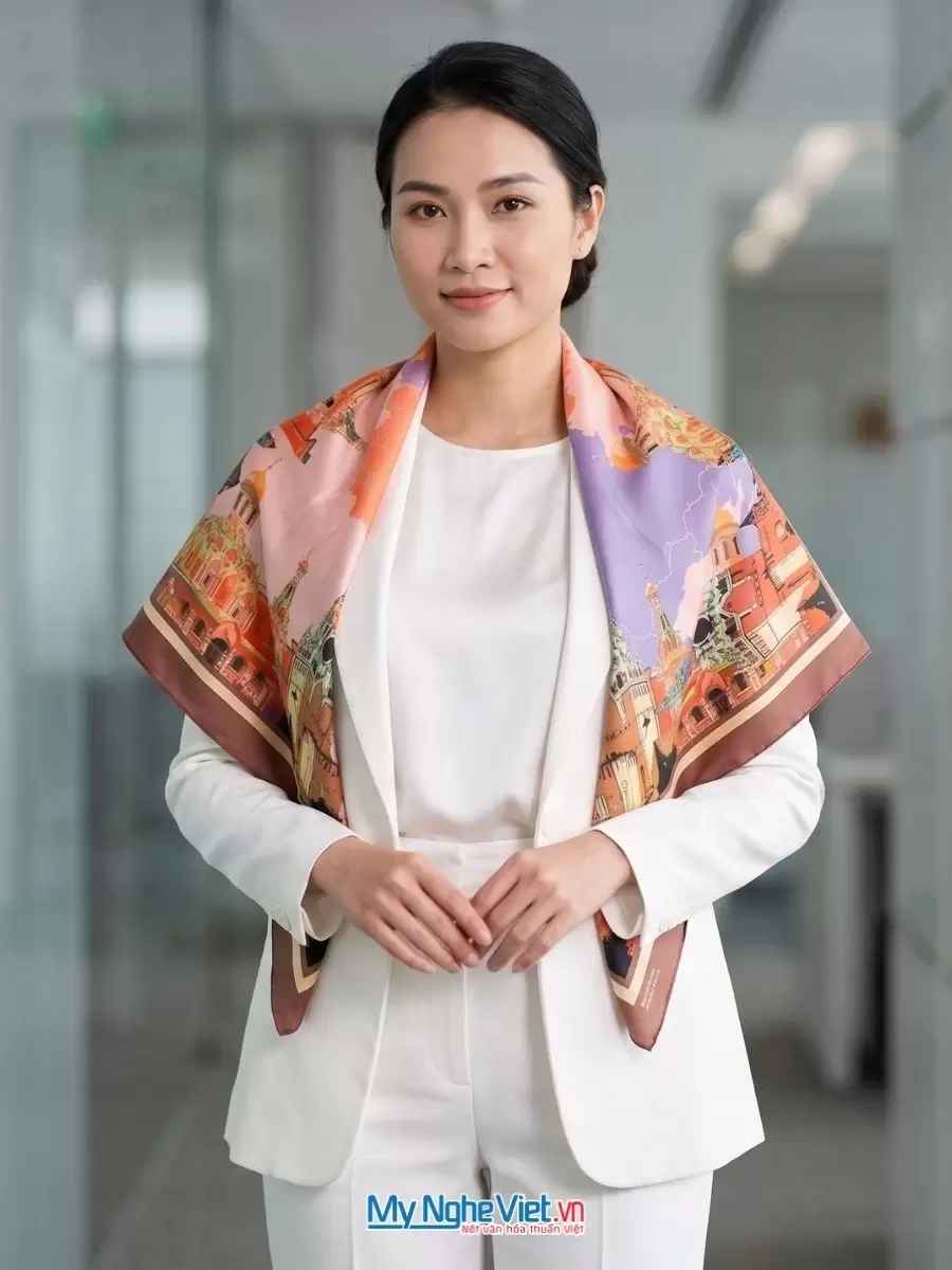 Khăn lụa tơ tằm in họa tiết nghệ thuật cao cấp