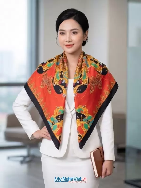 Khăn lụa tơ tằm in họa tiết nghệ thuật cao cấp
