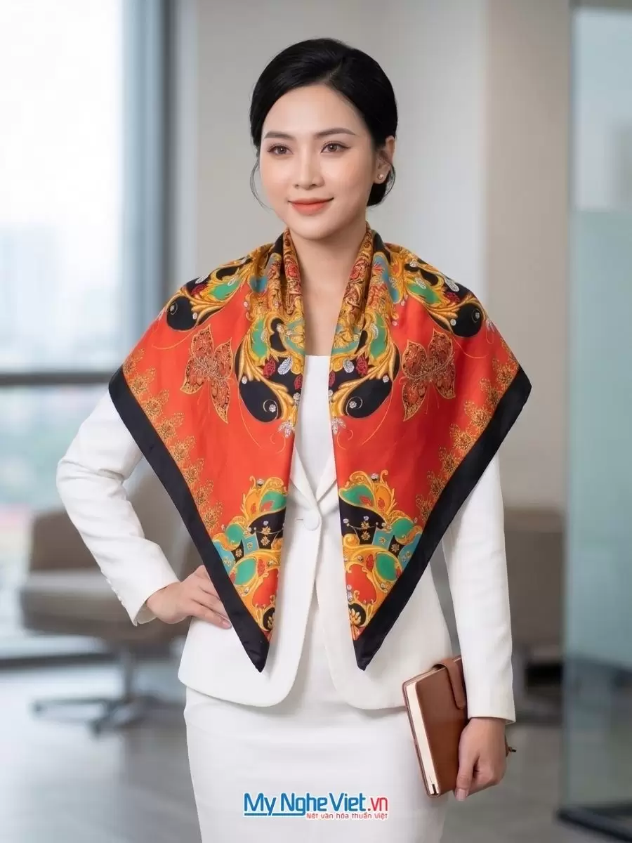 Khăn lụa tơ tằm in họa tiết nghệ thuật cao cấp