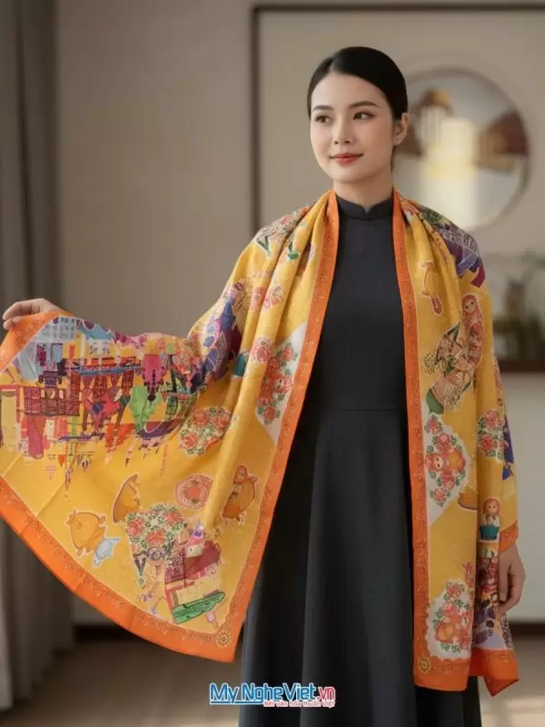 Khăn lụa tơ tằm in họa tiết nghệ thuật cao cấp