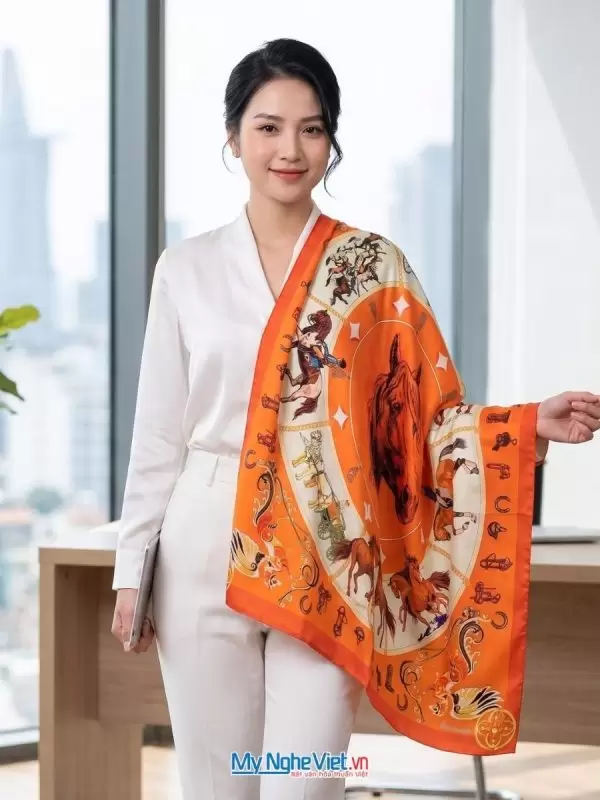 Khăn lụa tơ tằm in họa tiết nghệ thuật cao cấp