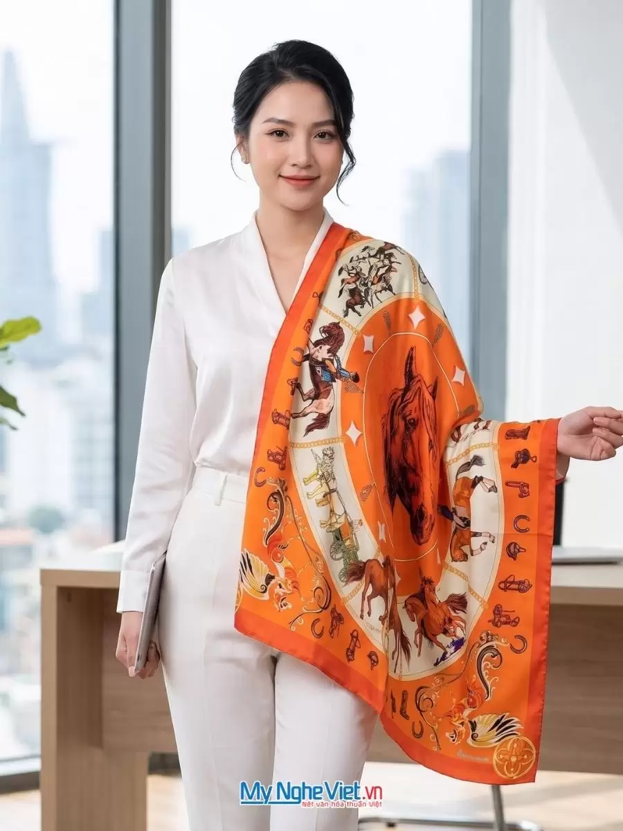 Khăn lụa tơ tằm in họa tiết nghệ thuật cao cấp