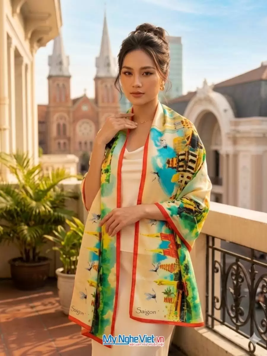 Khăn lụa tơ tằm in họa tiết nghệ thuật cao cấp