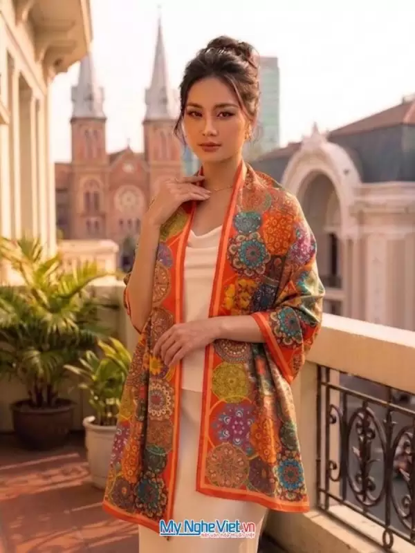 Khăn lụa tơ tằm in họa tiết nghệ thuật cao cấp