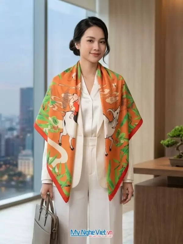 Khăn lụa tơ tằm in họa tiết nghệ thuật cao cấp