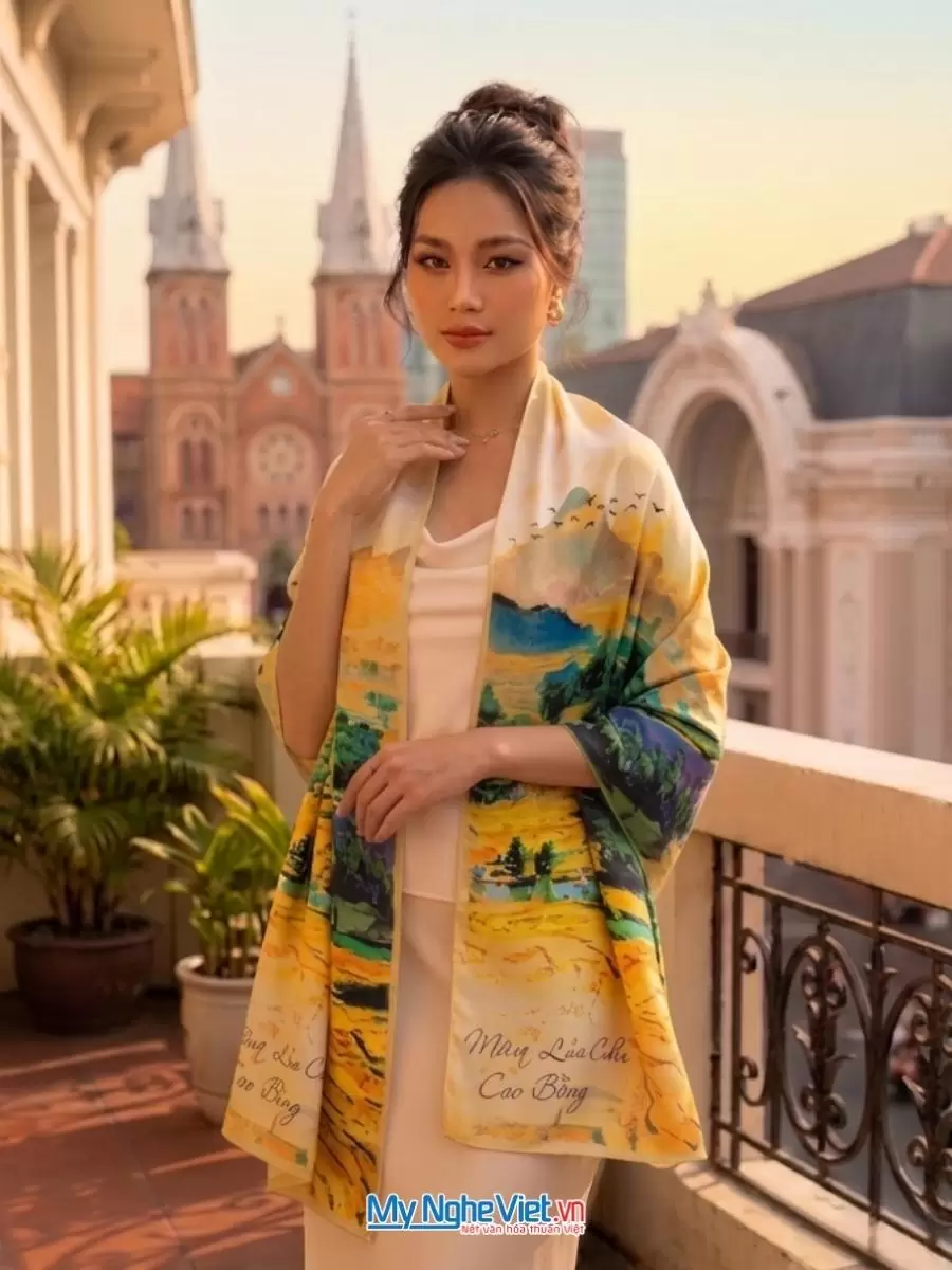 Khăn lụa tơ tằm in họa tiết nghệ thuật cao cấp
