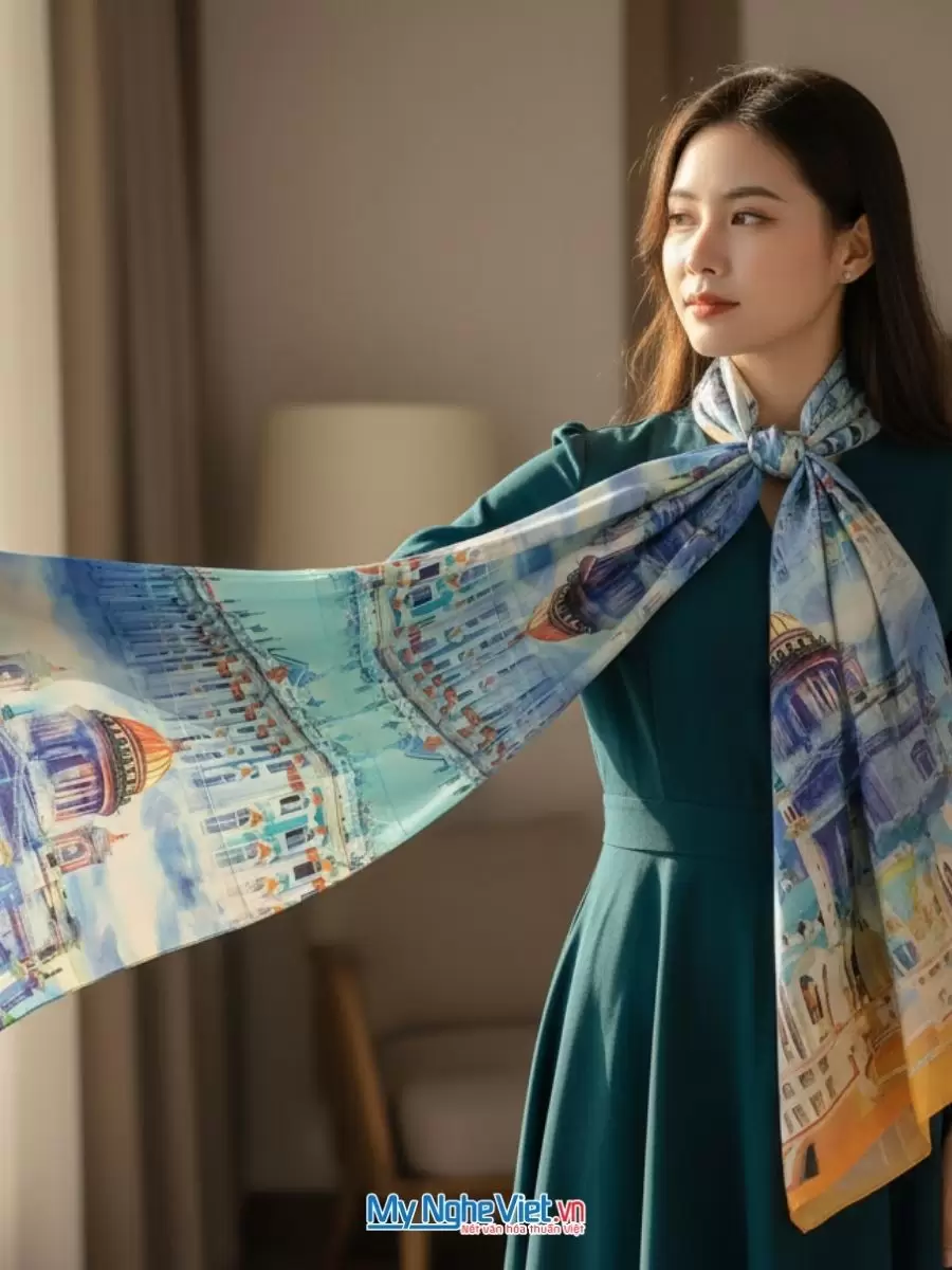 Khăn lụa tơ tằm in họa tiết nghệ thuật cao cấp