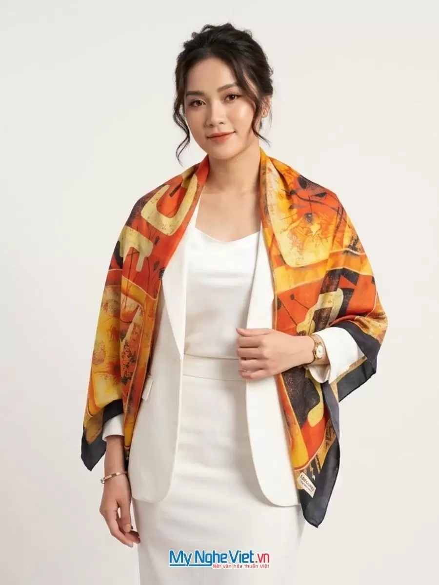 Khăn lụa tơ tằm in họa tiết nghệ thuật cao cấp
