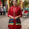 Khăn Lụa Trống Đồng Văn Miếu Quốc Tử Giám 36x180cm Nền Đỏ MNV-KLLS36180-15