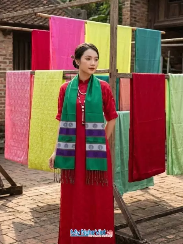 Khăn Lụa Tơ Tằm Trống Đồng Văn Miếu Quốc Tử Giám 36x180cm Nền Xanh MNV-KLLS36180-14