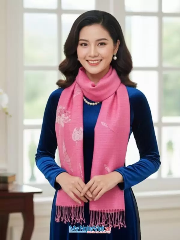 Khăn Lụa Đũi Hồng Vẽ Sen 100% Silk
