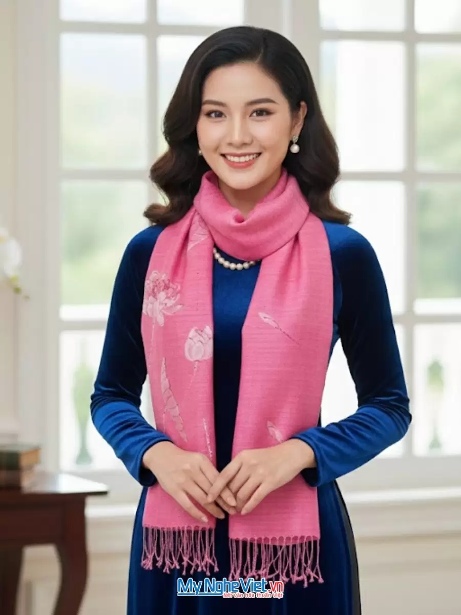 Khăn Lụa Đũi Hồng Vẽ Sen 100% Silk