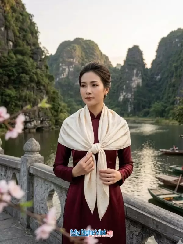Khăn lụa Hà Động họa tiết cá sen 100% silk kem 110x110 KLNL0001-4