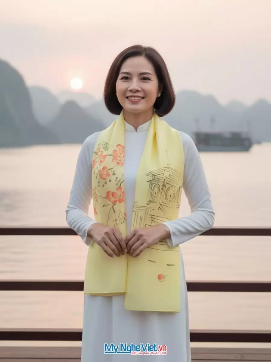 Bộ quà tặng khăn lụa vẽ tay cao cấp và hộp trang sức sơn mài vẽ chợ Bến Thành