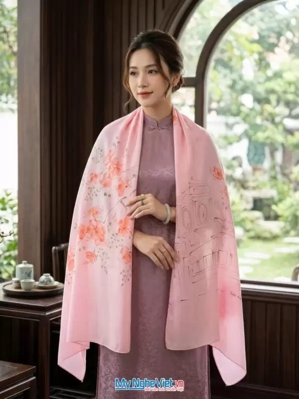 Bộ quà tặng khăn lụa vẽ tay cao cấp và hộp trang sức sơn mài vẽ chợ Bến Thành