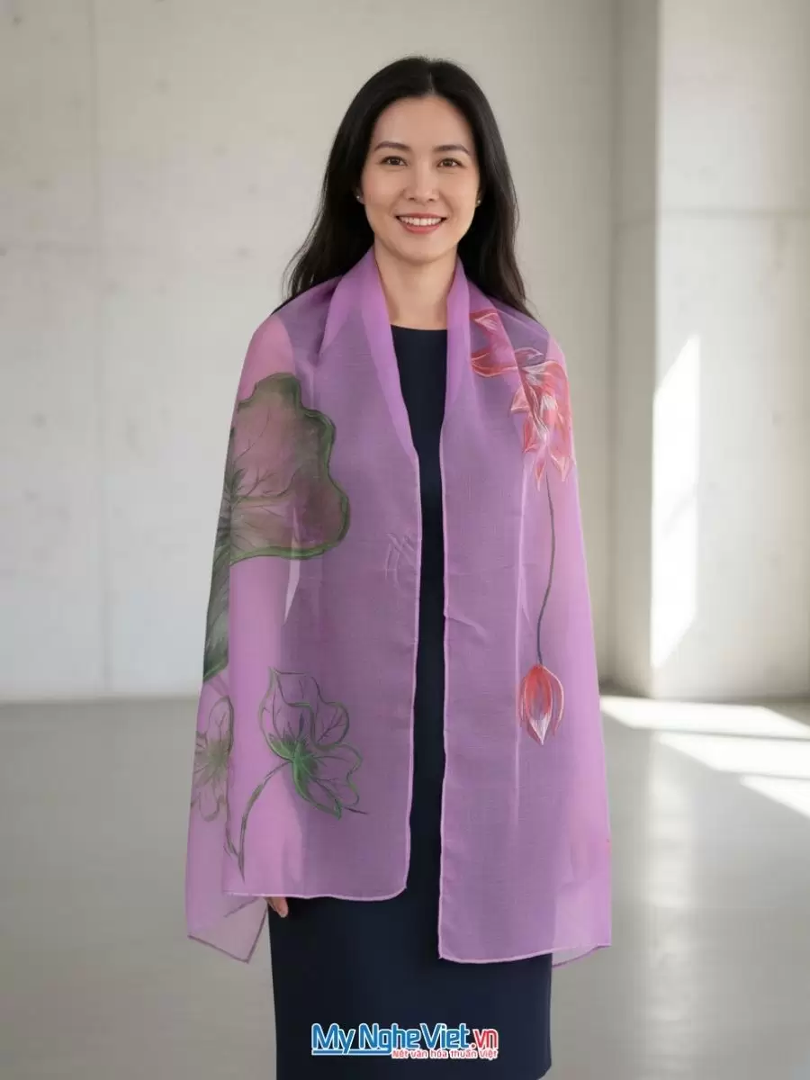 Khăn lụa tơ organza vẽ tay cao cấp