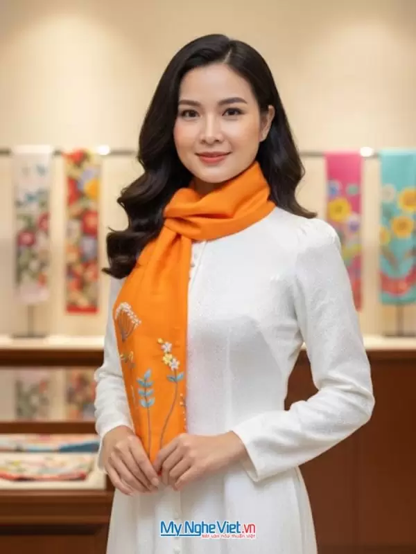 Khăn lụa đũi thêu tay màu cam