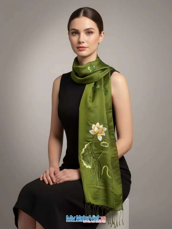 Khăn Lụa Tơ Tằm Thêu Hoa Sen Màu Xanh Rêu 40x180 MNV-KLTA4080-9